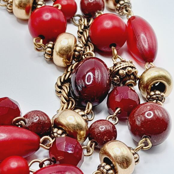 Chico’s Red Glass Beaded Necklace 38” Two Strand Gold Tone Accents Statement - Picture 9 of 11